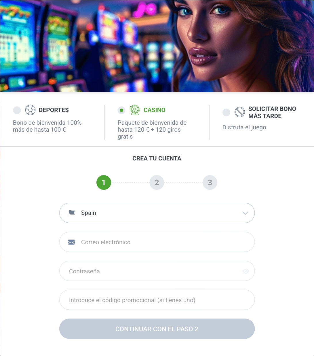 Formulario real de registro de 20Bet en español
